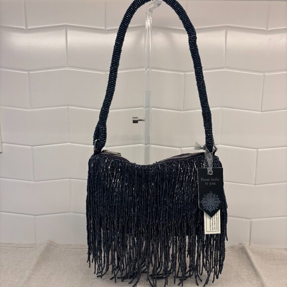 Viral Beaded Fringe Shoulder Bag - Navy Blue - Made in India - Picture 3 of 13
